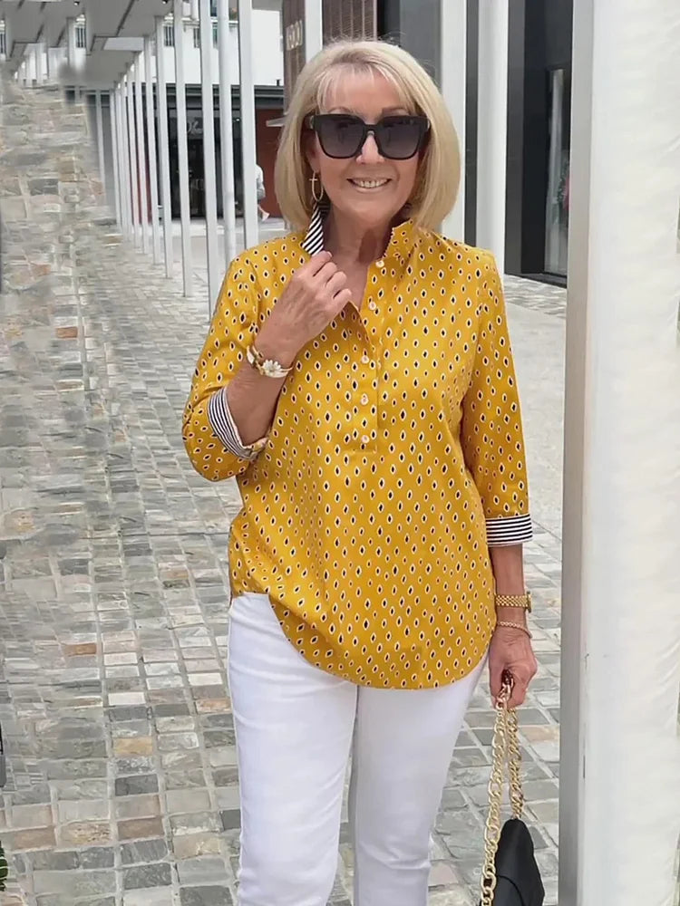 Bedrukte Blouse met 3/4 Mouw en Opstaande Kraag