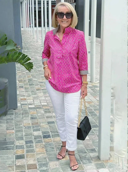 Bedrukte Blouse met 3/4 Mouw en Opstaande Kraag