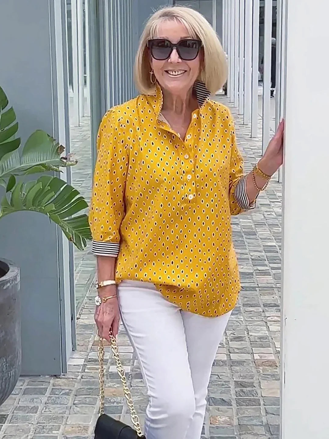 Bedrukte Blouse met 3/4 Mouw en Opstaande Kraag