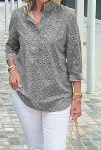 Bedrukte Blouse met 3/4 Mouw en Opstaande Kraag