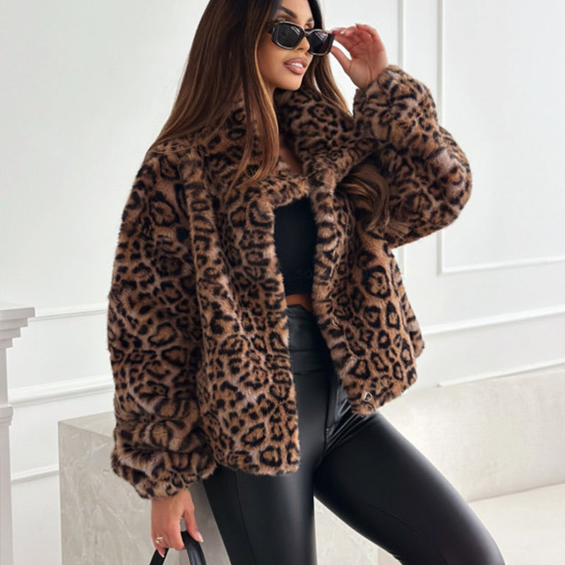 ❄️Ofertas de invierno❄️Abrigo corto esponjoso de mujer con estampado de leopardo