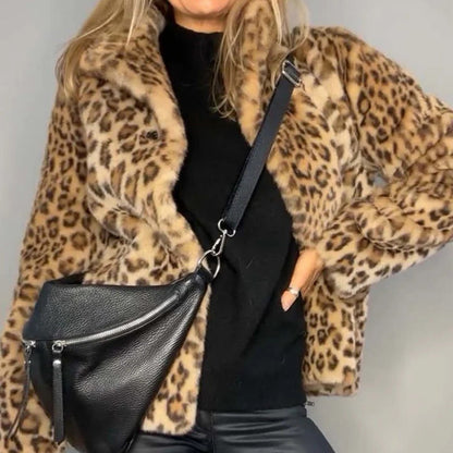 ❄️Ofertas de invierno❄️Abrigo corto esponjoso de mujer con estampado de leopardo