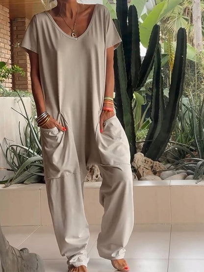 🤩V-hals casual oversized zakken monochrome jumpsuit