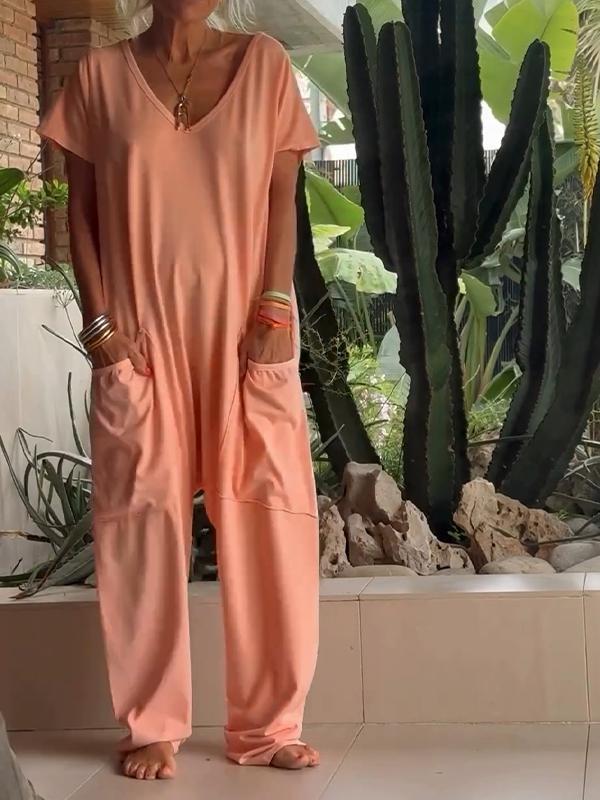 🤩V-hals casual oversized zakken monochrome jumpsuit