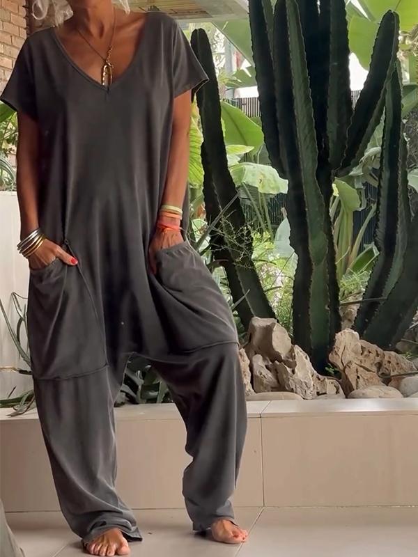 🤩V-hals casual oversized zakken monochrome jumpsuit