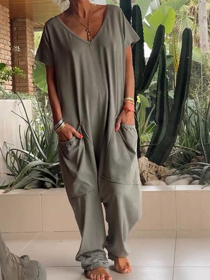 🤩V-hals casual oversized zakken monochrome jumpsuit