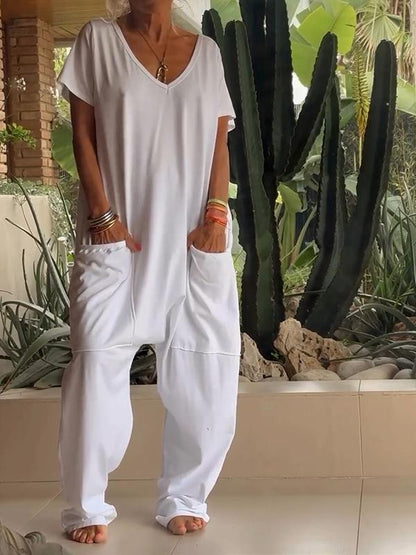 🤩V-hals casual oversized zakken monochrome jumpsuit