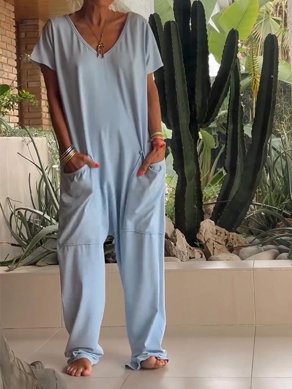 🤩V-hals casual oversized zakken monochrome jumpsuit