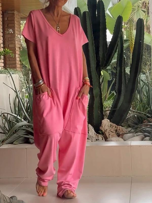 🤩V-hals casual oversized zakken monochrome jumpsuit