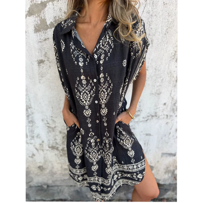🌟🌟Loose-Fit bedrukte jurk met korte mouwen en zakken