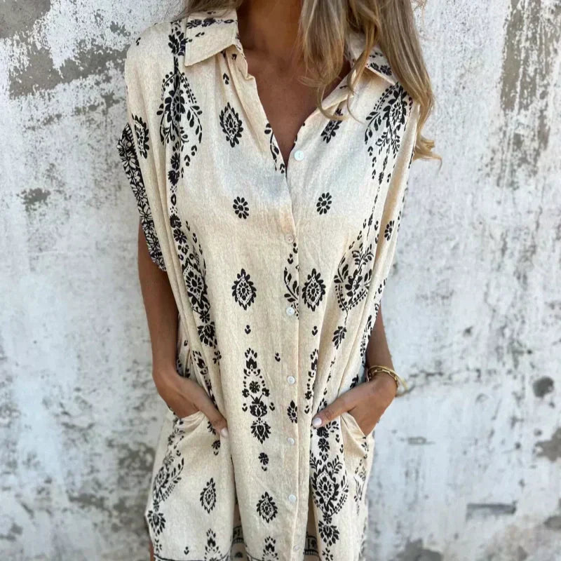 🌟🌟Loose-Fit bedrukte jurk met korte mouwen en zakken