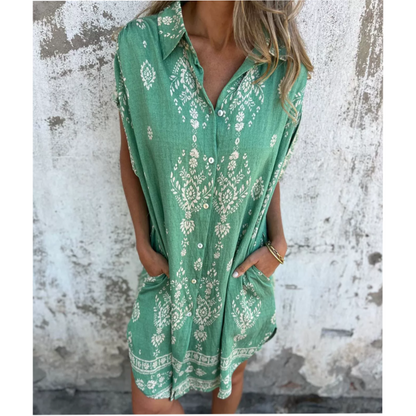 🌟🌟Loose-Fit bedrukte jurk met korte mouwen en zakken