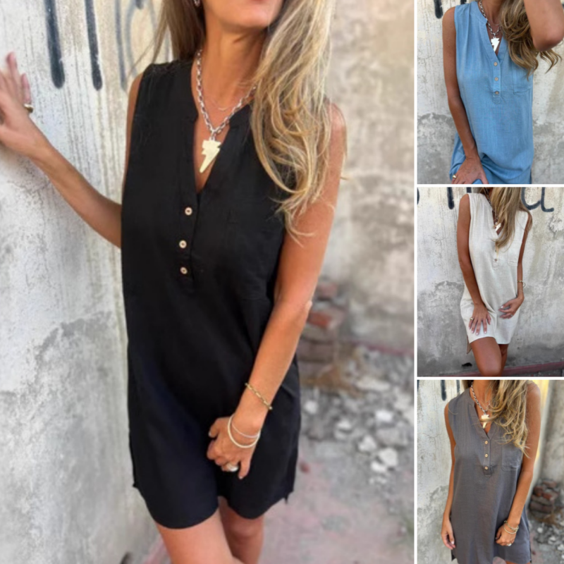 Mouwloze V-hals jurk met knoopsluiting voor dames