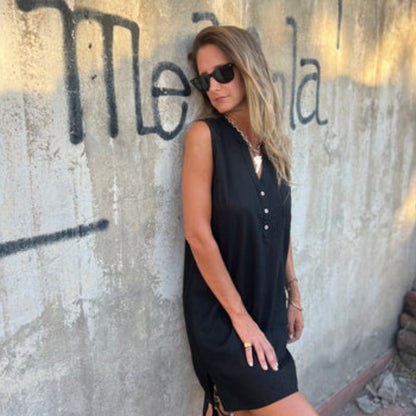 Mouwloze V-hals jurk met knoopsluiting voor dames