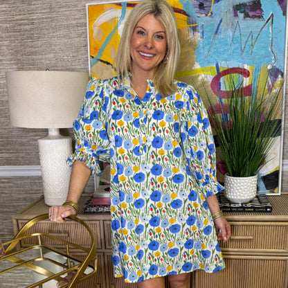 Women’s Sweet Floral Dress with Lantern Sleeve