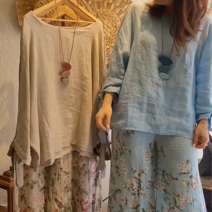 💥Dames loszittende blouse & bloemenprint wijdpijnbroek set