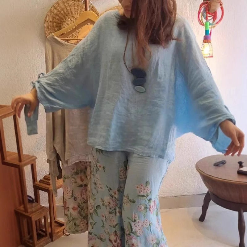 💥Dames loszittende blouse & bloemenprint wijdpijnbroek set